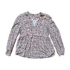 Vintage Y2K Mudd Womens Peasant Top Pink Microfloral Boho Cottagecore Coquette